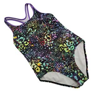 Speedo Girls' One-Piece Sport Swimsuit Multicolor Splash Print 14